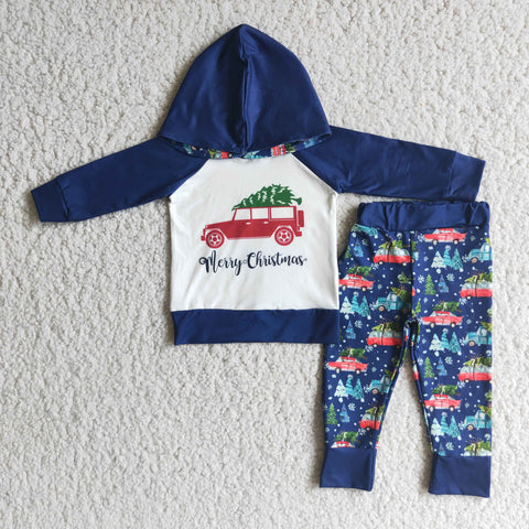 Blue Car Christmas Tree Hoodie Set