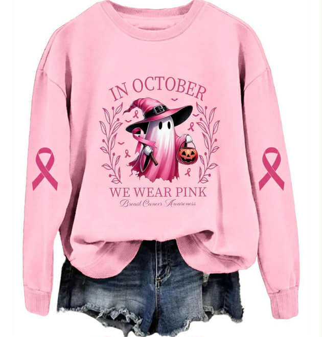 In October We Wear Pink Breast Cancer Awareness Sweat Shirt Whitchy Ghost