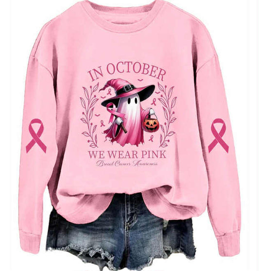 In October We Wear Pink Breast Cancer Awareness Sweat Shirt Whitchy Ghost