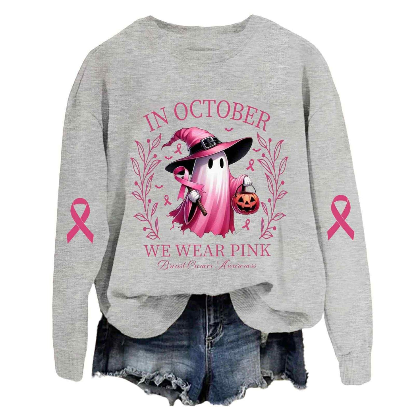 In October We Wear Pink Breast Cancer Awareness Sweat Shirt Whitchy Ghost