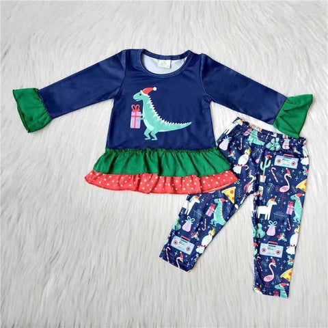 Christmas Dino Ruffle Pants Set