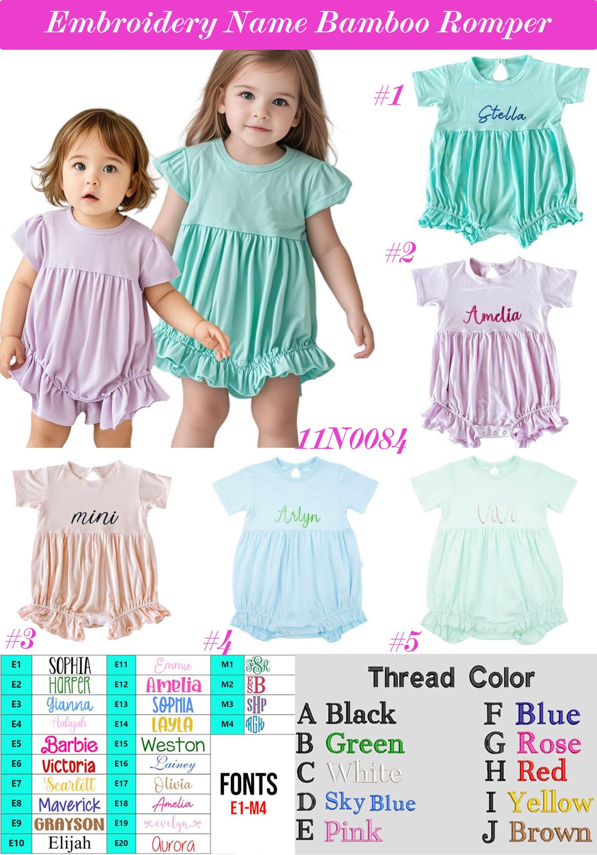 Custom Embroidery Name Kid's Bamboo Rompers