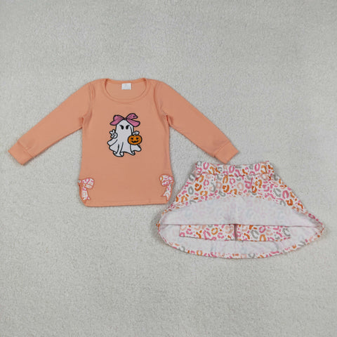 Embroidered Halloween Bow on sides Ghost and Pumpkin Skort Set