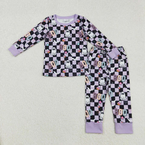 Sibiling Matching Purple & Black Checkered Boo/Ghost Print Pajamas