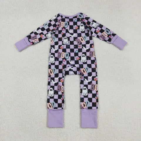 Sibiling Matching Purple & Black Checkered Boo/Ghost Print Pajamas