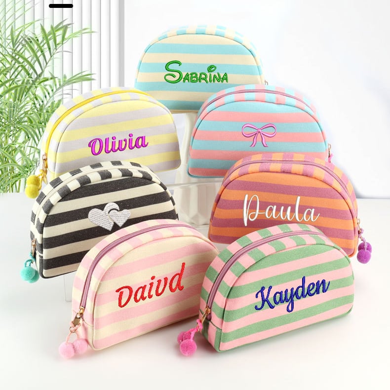 Custom Embroidered Name Striped Shell Cosmetic Bag