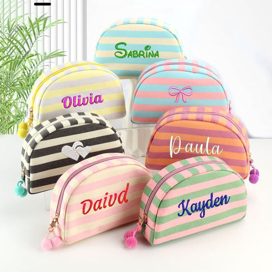 Custom Embroidered Name Striped Shell Cosmetic Bag