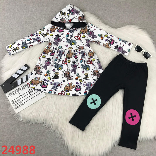 Sewing Patch Work Hoodie-Dress Pants Set