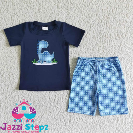 Blue Checkerd Dino Shorts Set - Jazzi Stepz